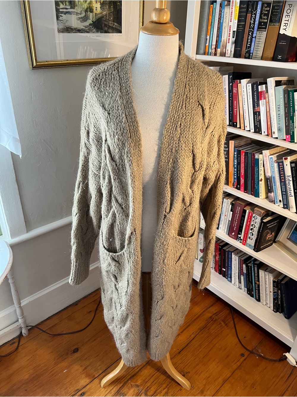 Zara Long Cable-Knit Open Cardigan - Taupe